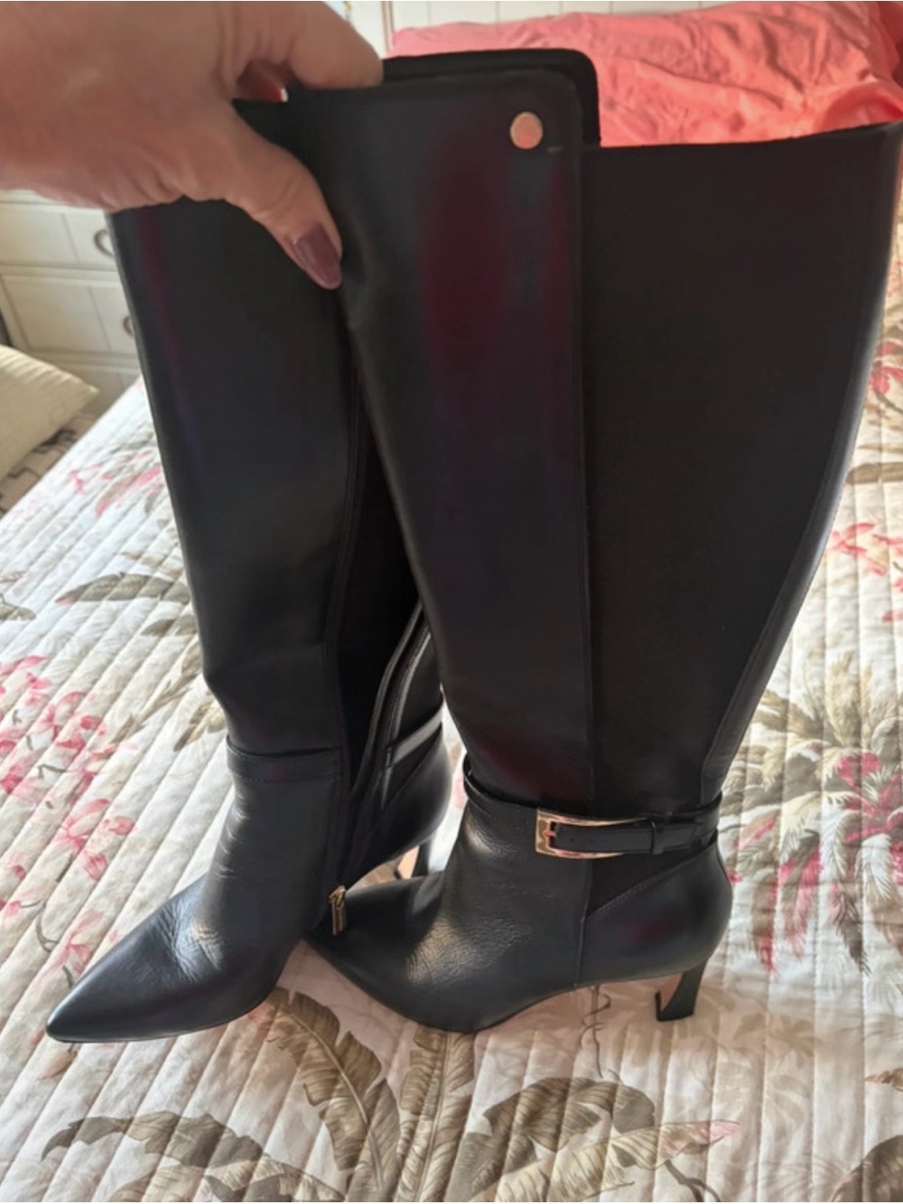 Vince Camuto Black Leather Knee-High Pointed-Toe Boots